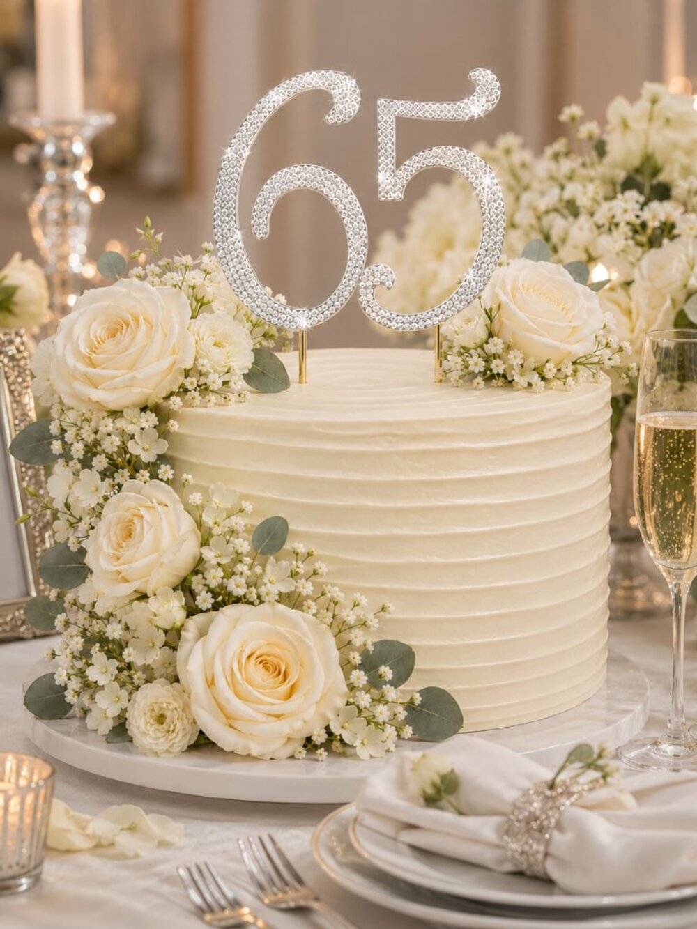 Rhinestone Cake Topper - Number 65 - Silver Metal with Czech Rhinestones